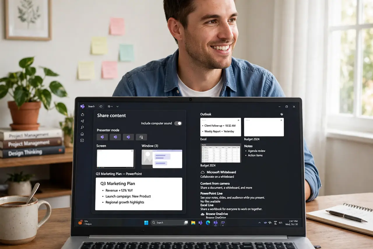 a person presenting on a real laptop, the Teams share content dialog open showing window options, the person smiling confidently, home office. No black screen, no blank white scree.