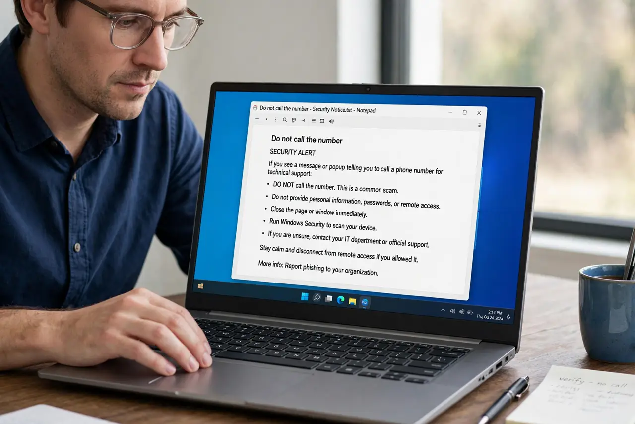 Step 1 in action for 'Tech Support' Pop-Up Demands a Call: Do not call the number.