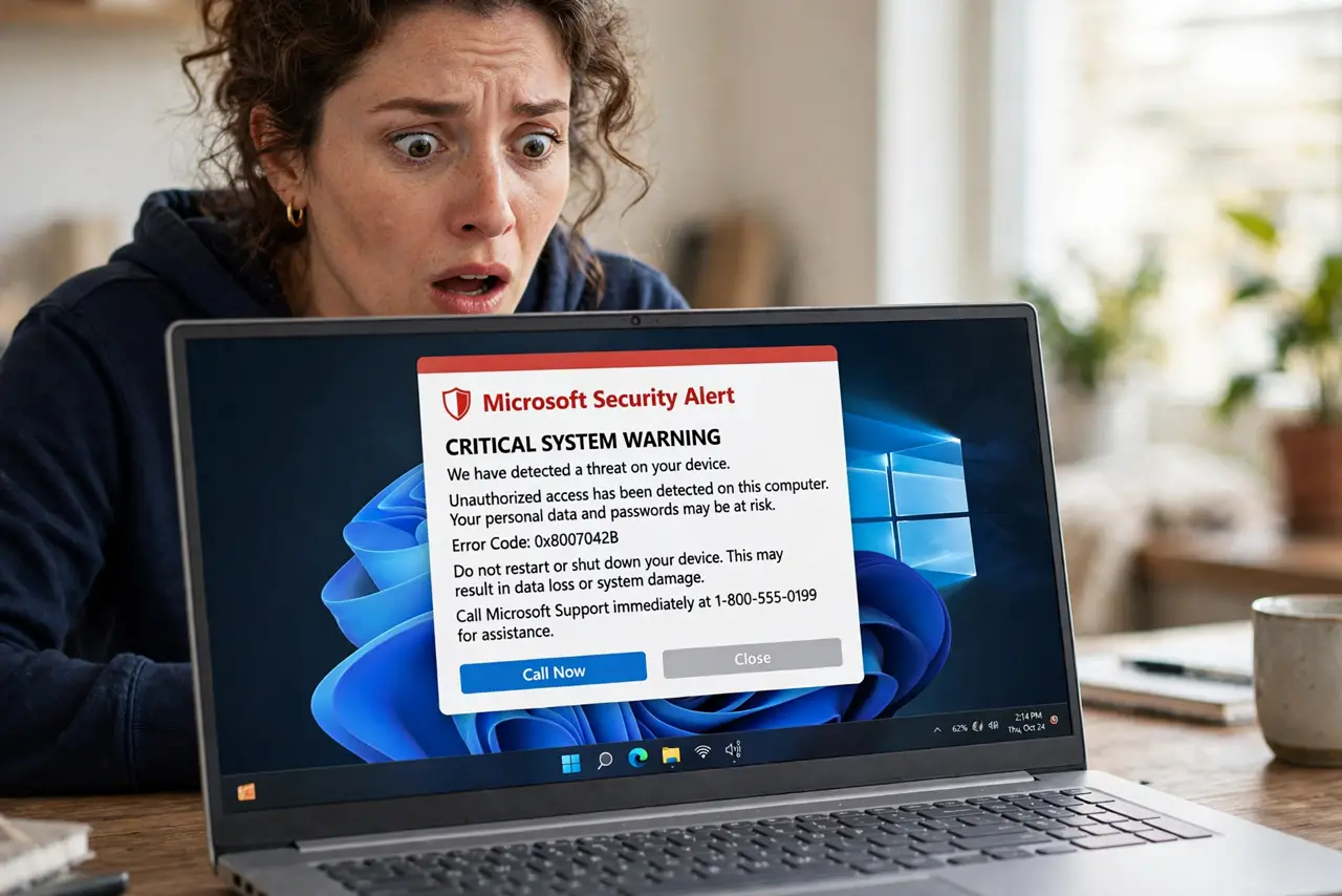 'Tech Support' Pop-Up Demands a Call — a startled adult looking at a real laptop showing a fake tech support pop-up with a phone number, the pop-up t