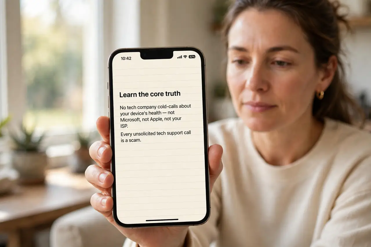 A person performing the guide's first step: Learn the core truth. No tech company cold-calls about your device's health — not Microsoft, not Apple, not your ISP. Every unsolicited…