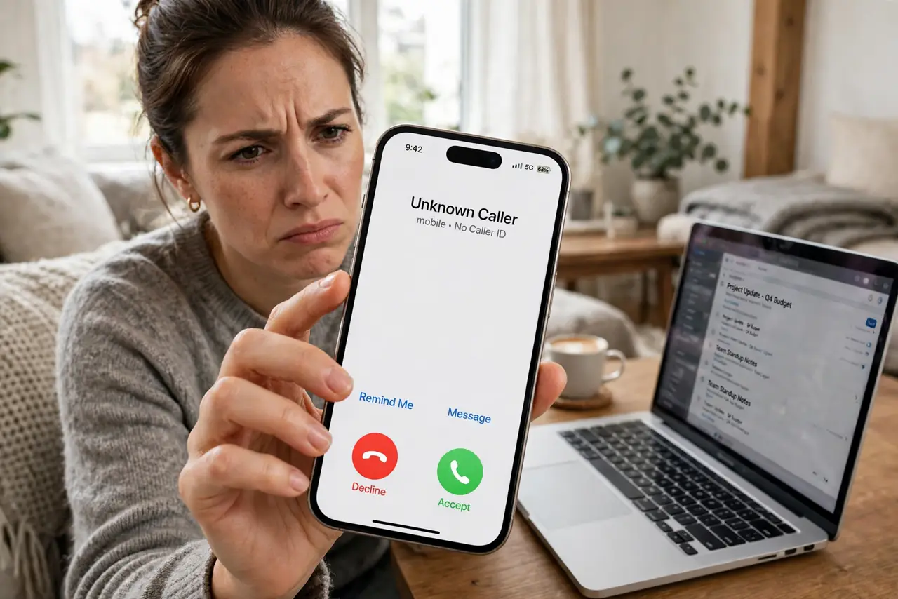 A person at home holding a real phone showing an unknown caller, a real laptop open beside them, the person's face skeptical with hand raised to hang up, living room..