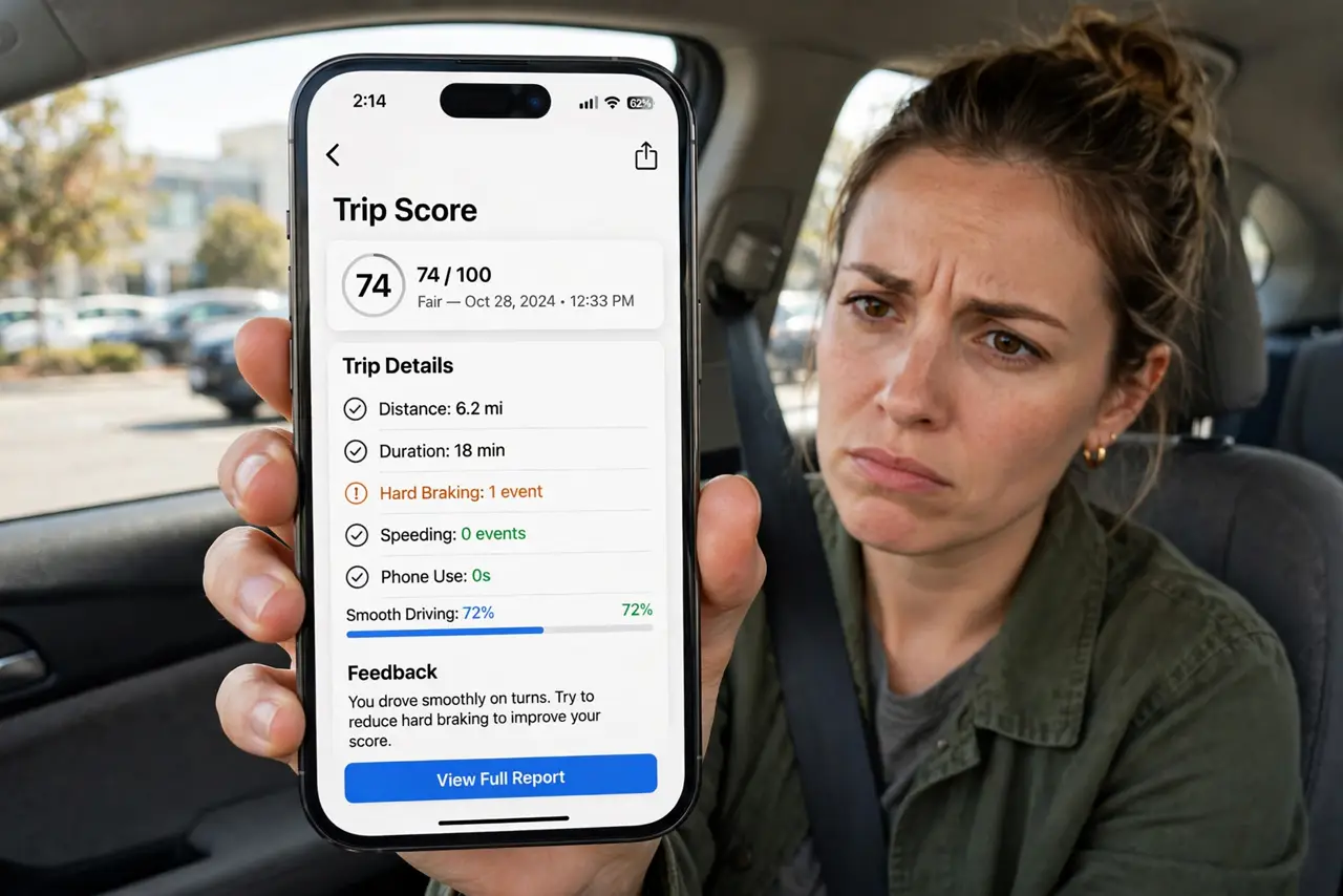 A person holding a real phone showing an insurance telematics app trip score with legible details, sitting in a parked