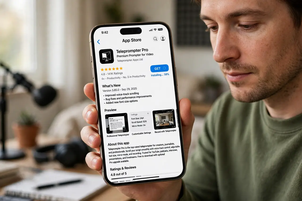 Photoreal photo of a person performing the first step: Install a teleprompter app. Pick a well-reviewed teleprompter app from your app store — free...