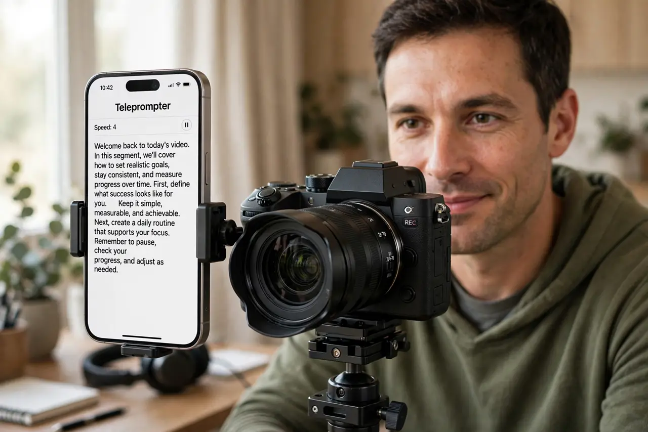 Photoreal photo: a person recording video with a real camera while a real phone on a small mount beside the lens shows a teleprompter app with legible scrolling text, the person's face natural and confident, home s...