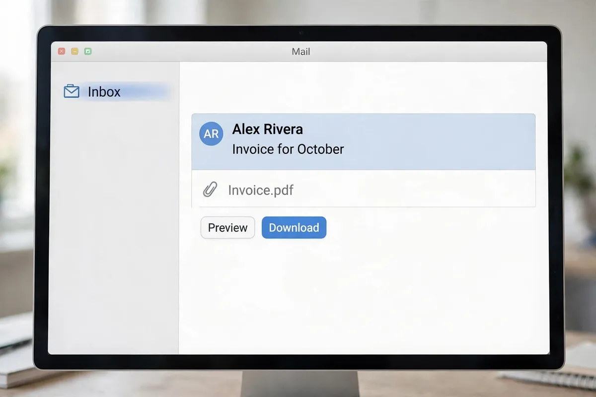 An email inbox showing a message from Alex Rivera with an Invoice.pdf attachment and Preview and Download options.