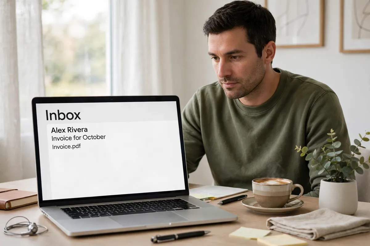 A man at a bright, tidy desk looking carefully at his laptop showing an email inbox with a message from Alex Rivera and an Invoice.pdf attachment.