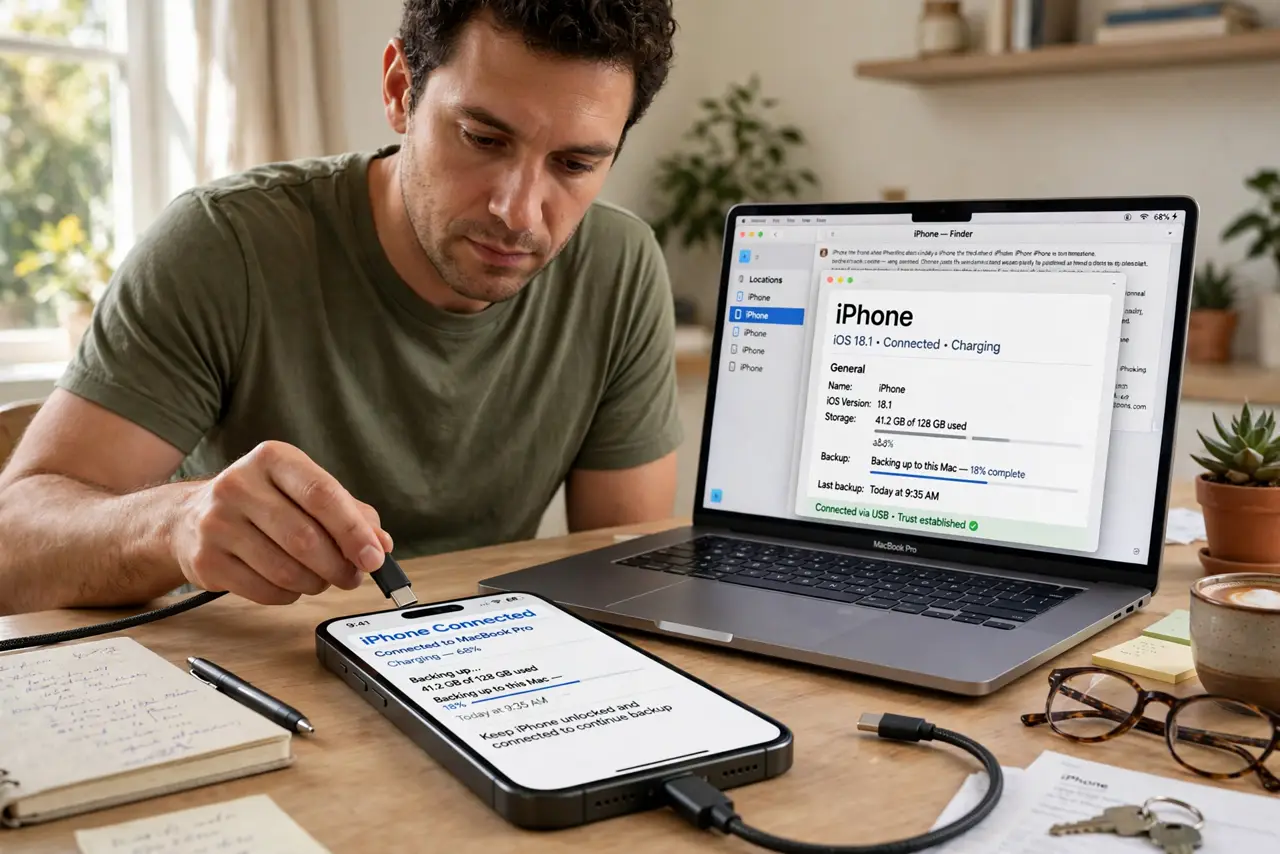 a person connecting a real phone to a real laptop with a USB cable on a desk, both screens showing connection status legibly, the person's face focused, home office. No black scree.