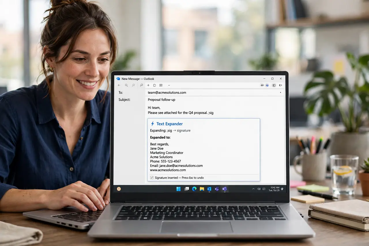 a person typing on a real laptop where a short abbreviation visibly expands into a full email signature with legible text, the person's face pleased, office.