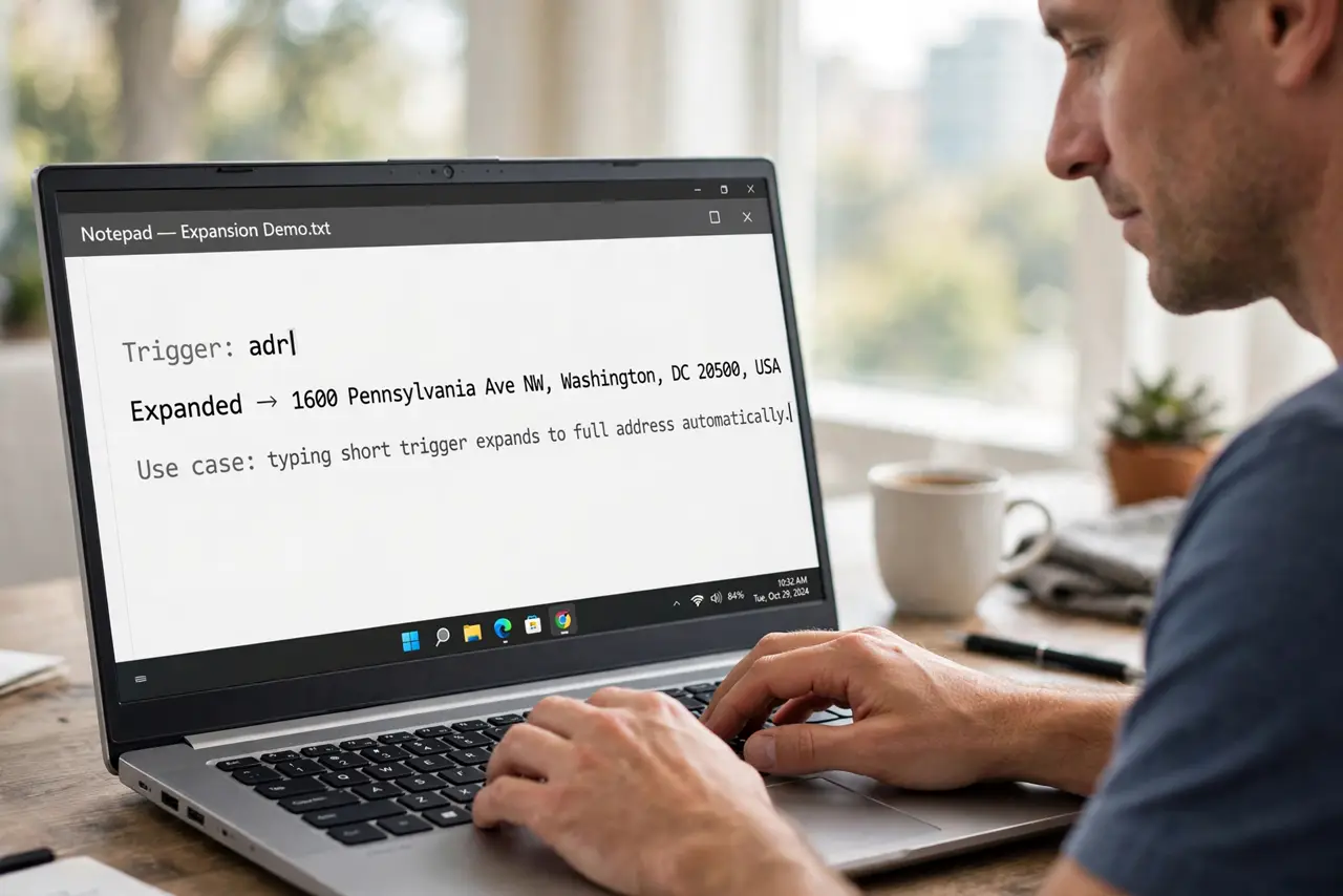 Stop Retyping the Same Text — a calm adult typing a short trigger that expands into a full address on a real laptop, the expanded text fully