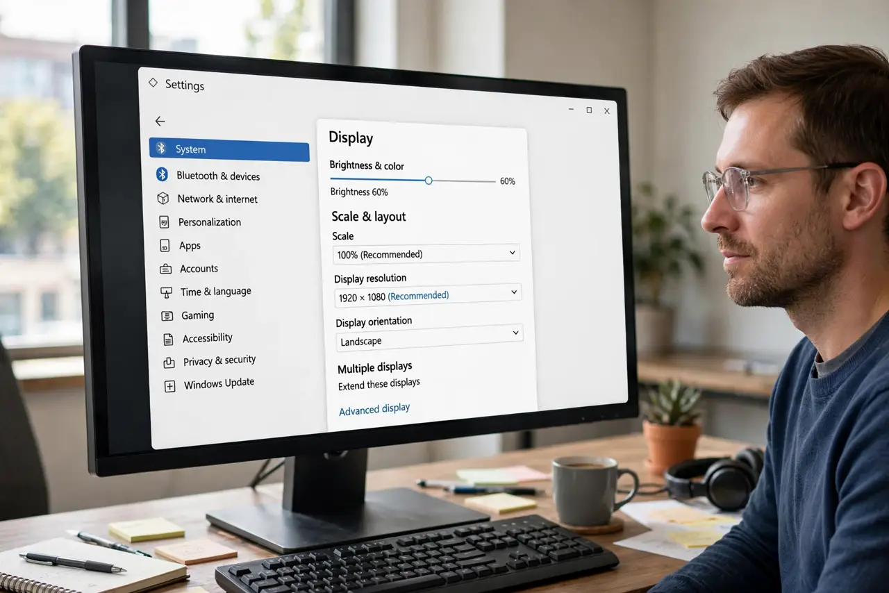 A calm adult with the Display settings page open, the recommended resolution option visible on screen.