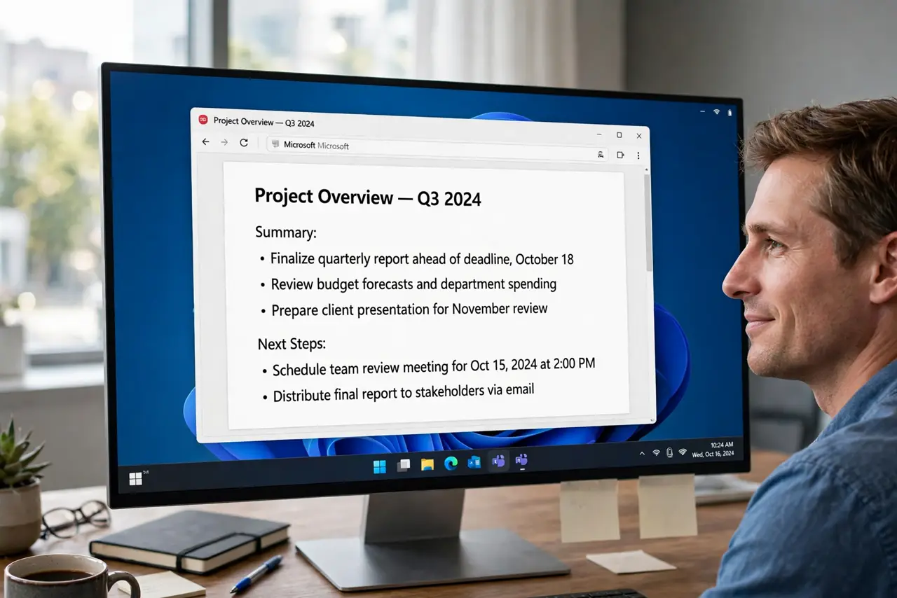A calm adult at a desk looking at a monitor showing a document with sharp, readable text.