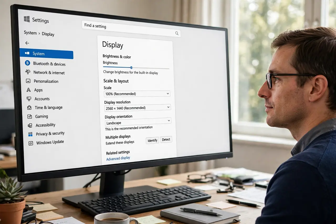 A calm adult with the Display settings page open, showing display resolution and scale options.