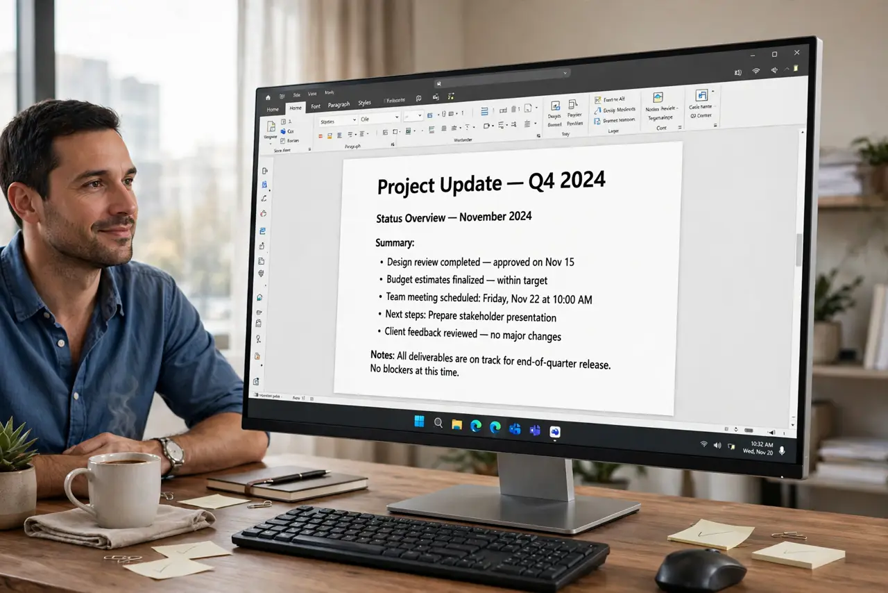 A calm adult at a desk looking at a large monitor showing a document with comfortably sized text.