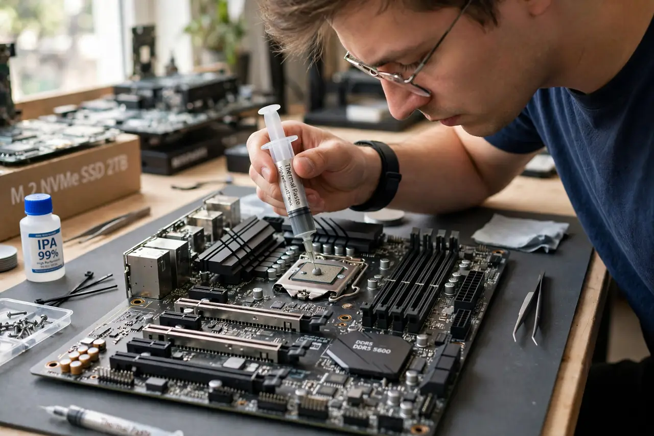 a person applying a small dot of thermal paste to a real CPU in a real motherboard, the tube and CPU clearly visible, the person's face concentrated, well-lit workbench. No black s.