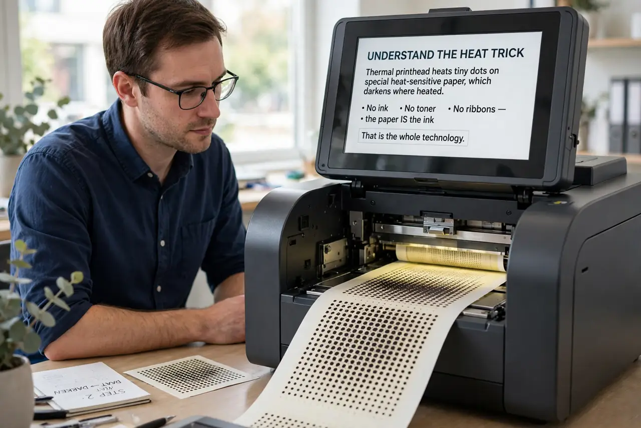 A person performing the first step of the guide: Understand the heat trick. A thermal printhead heats tiny dots on special heat-sensitive paper, which darkens.