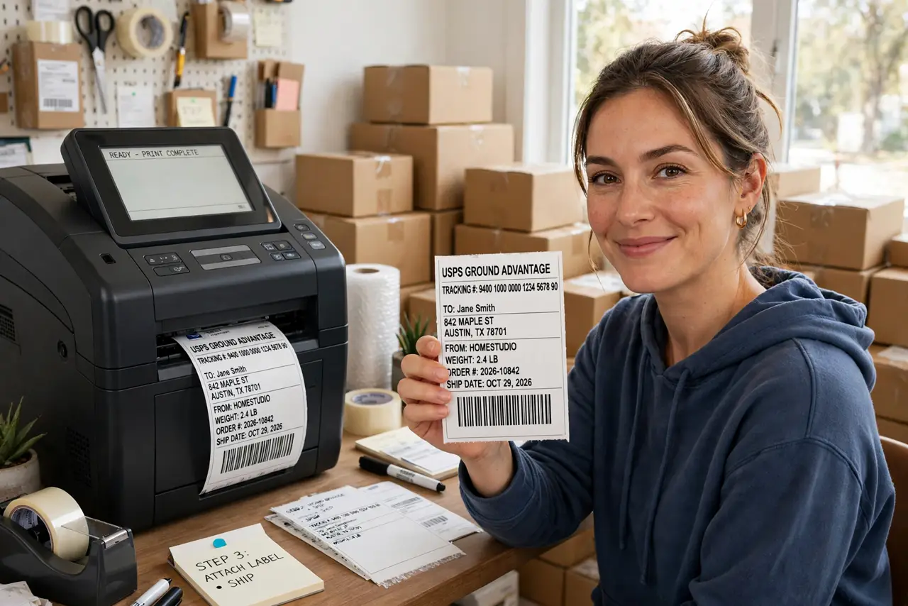 A person holding a freshly printed real shipping label from a real thermal printer, the label text legible, packages stacked nearby, the person's.