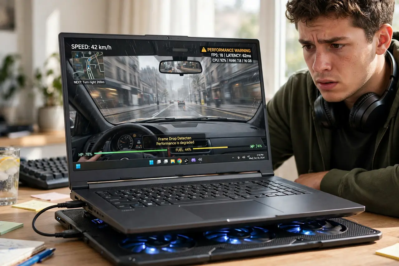 a person gaming on a real laptop with a cooling pad underneath, the screen showing a game with legible HUD, the person's face noticing slowdown. No black screen, no blank white scr.
