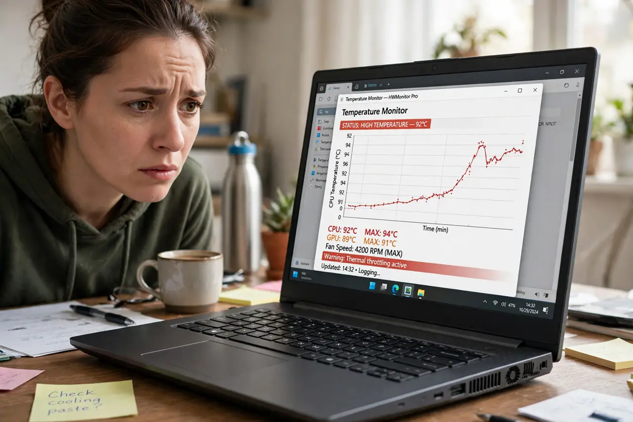 A person looking at a real laptop screen showing a temperature monitoring graph with high readings legible, the