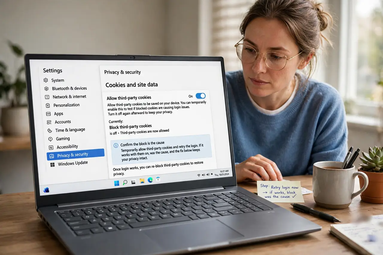 A person performing step 1 of the guide: Confirm the block is the cause. Temporarily allow third-party cookies and retry the login. If it works with them on, the block was the...