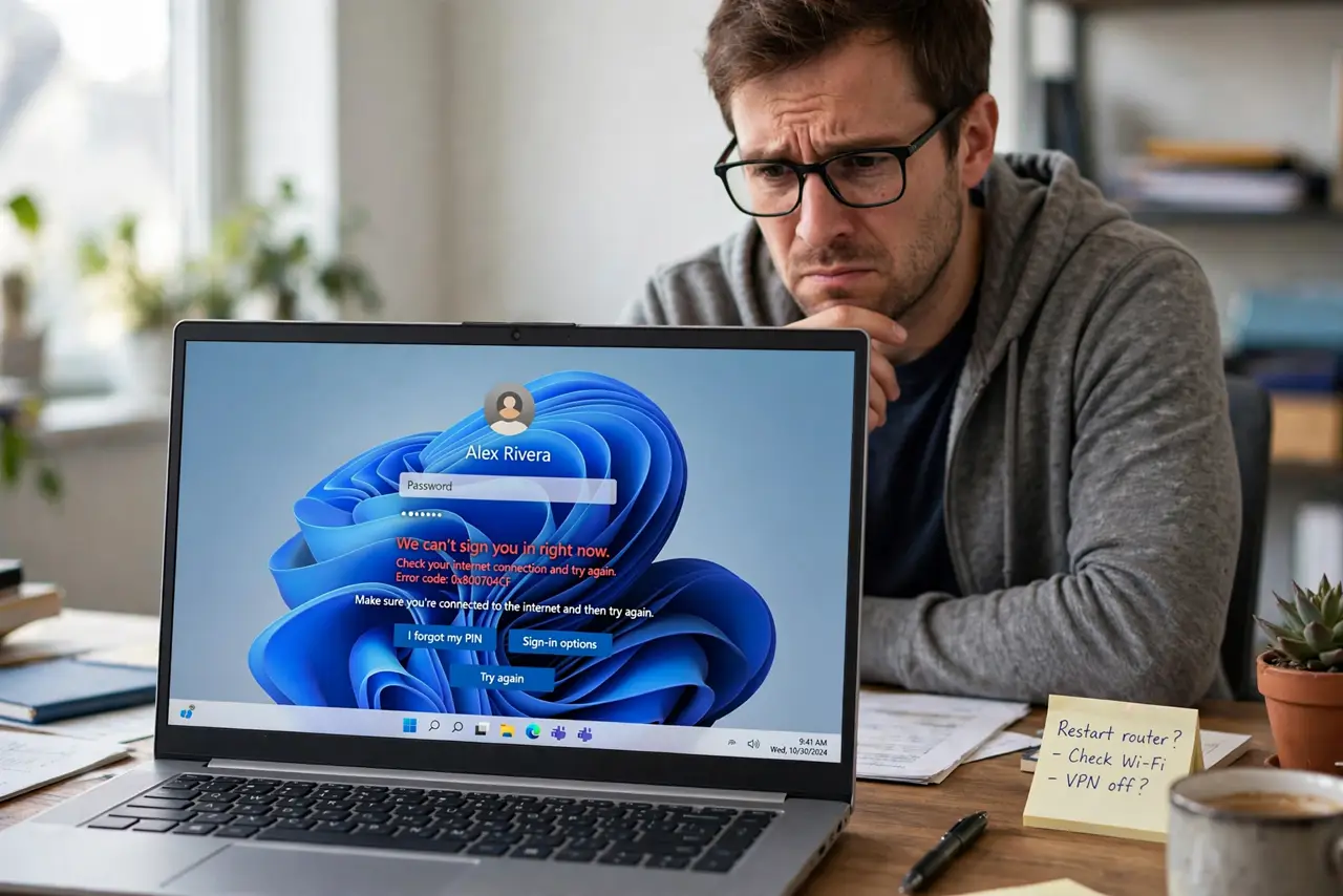 a calm adult at a desk with a real laptop, the screen showing a normal login page with an error message in legible text, the person troubleshooting calmly