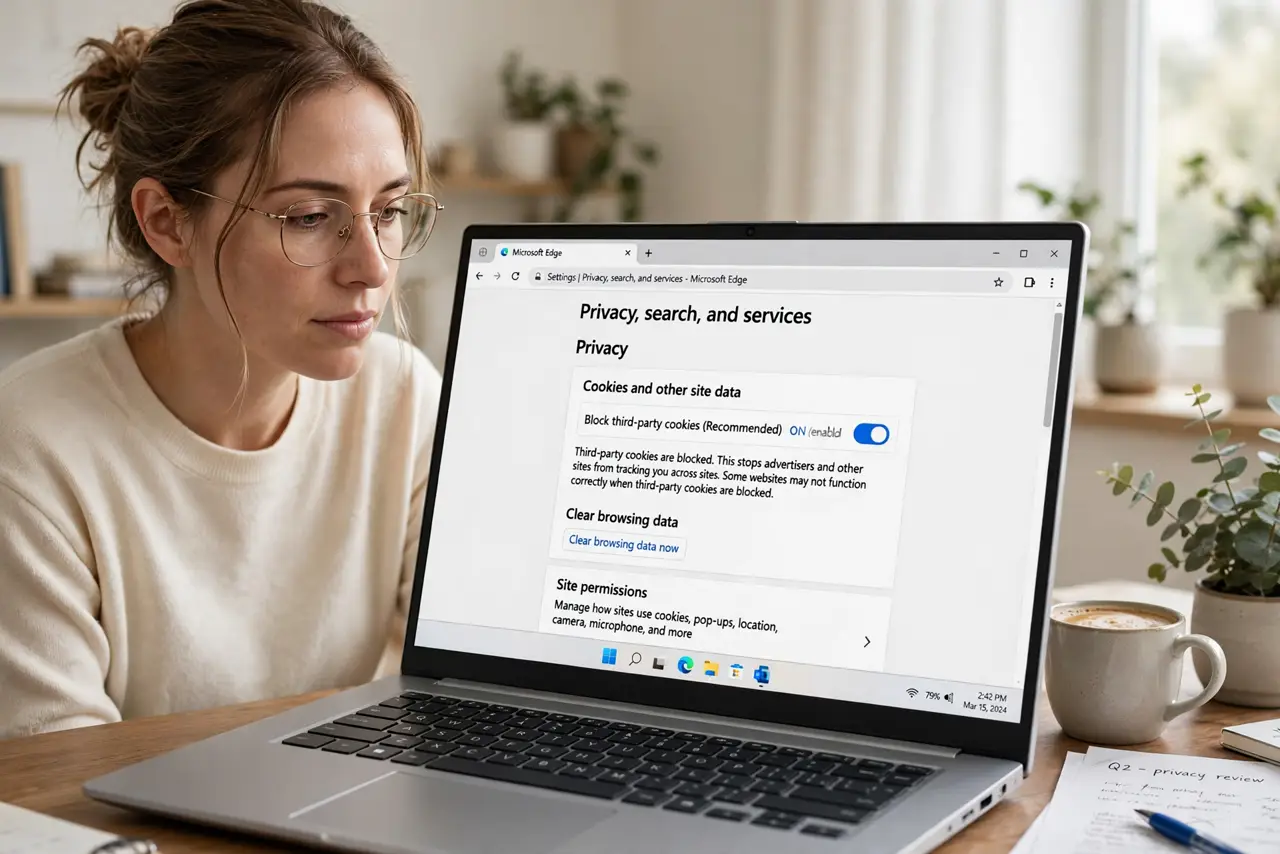 A person reading a real laptop showing a browser privacy settings page about third-party cookies with legible text, the