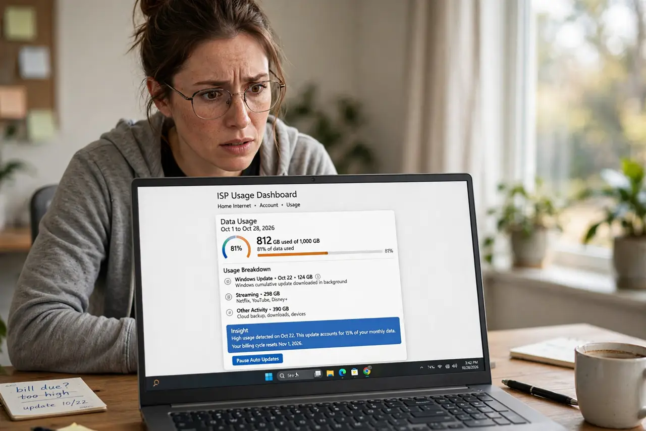 A person at a desk looking at a real laptop showing an ISP usage dashboard with a data meter legible on screen, the person's face suspicious then understanding,.