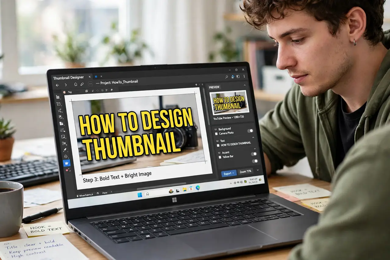 a person designing a thumbnail on a real laptop showing a legible bold thumbnail draft next to a tiny preview, the person's face focused, bright desk.