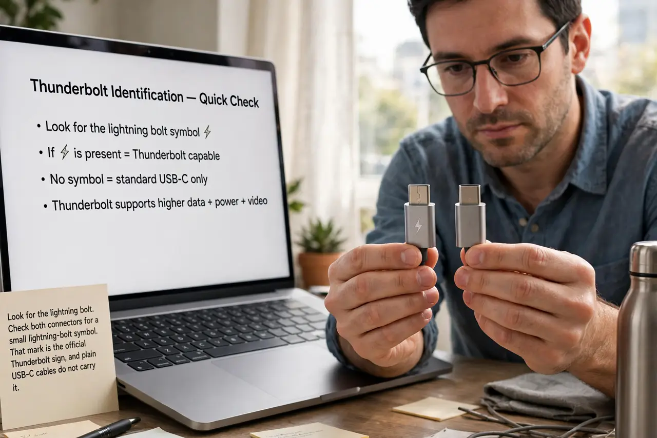 A person performing step 1 of the guide: Look for the lightning bolt. Check both connectors for a small lightning-bolt symbol. That mark is the official Thunderbolt sign, and...