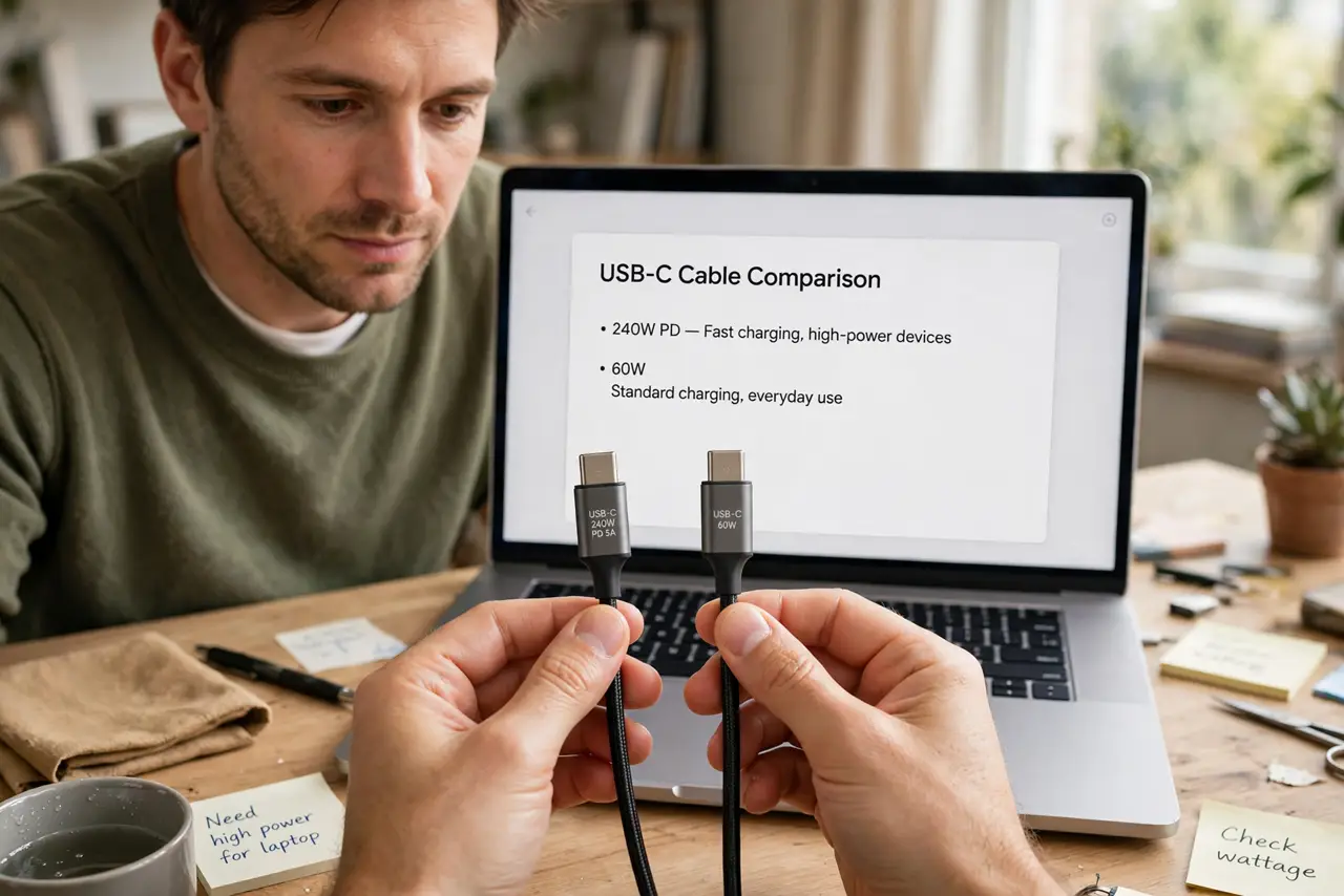 a calm adult holding two real USB-C cables side by side on a desk, the connector markings clearly visible and legible, the person comparing them closely