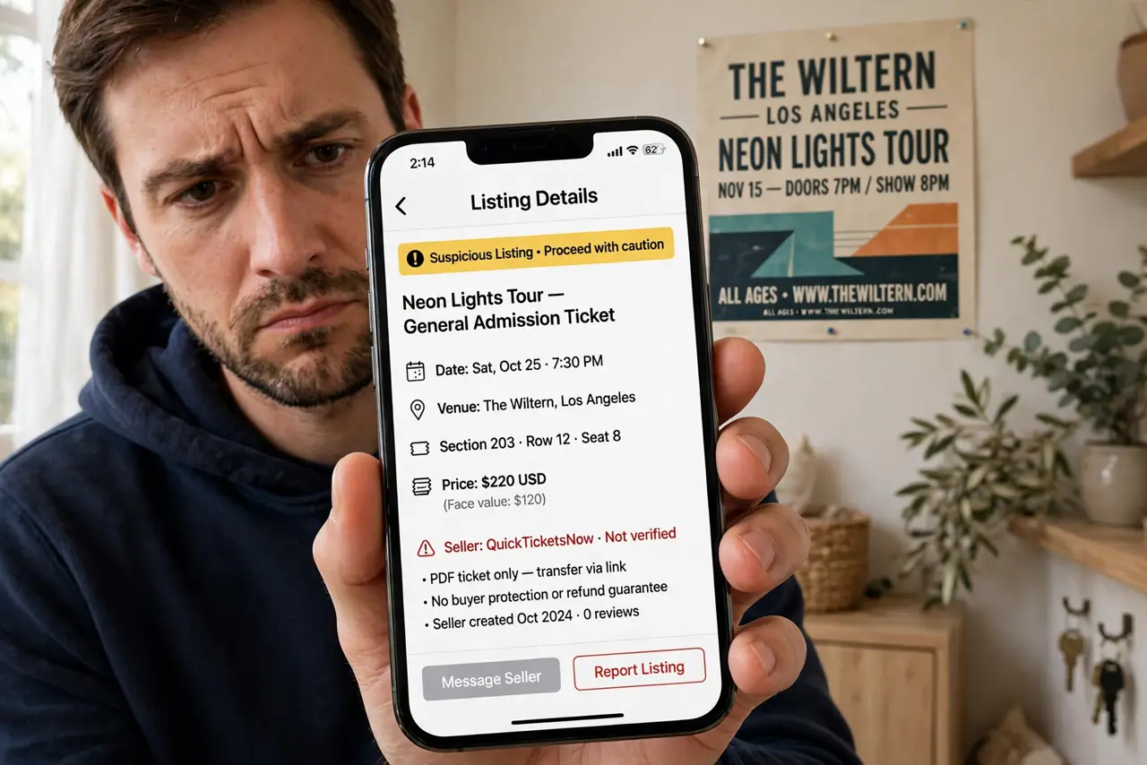 a person holding a real phone showing a suspicious ticket listing, a real concert venue poster on the wall behind, the person's face skeptical, home setting. No black screen, no bl.