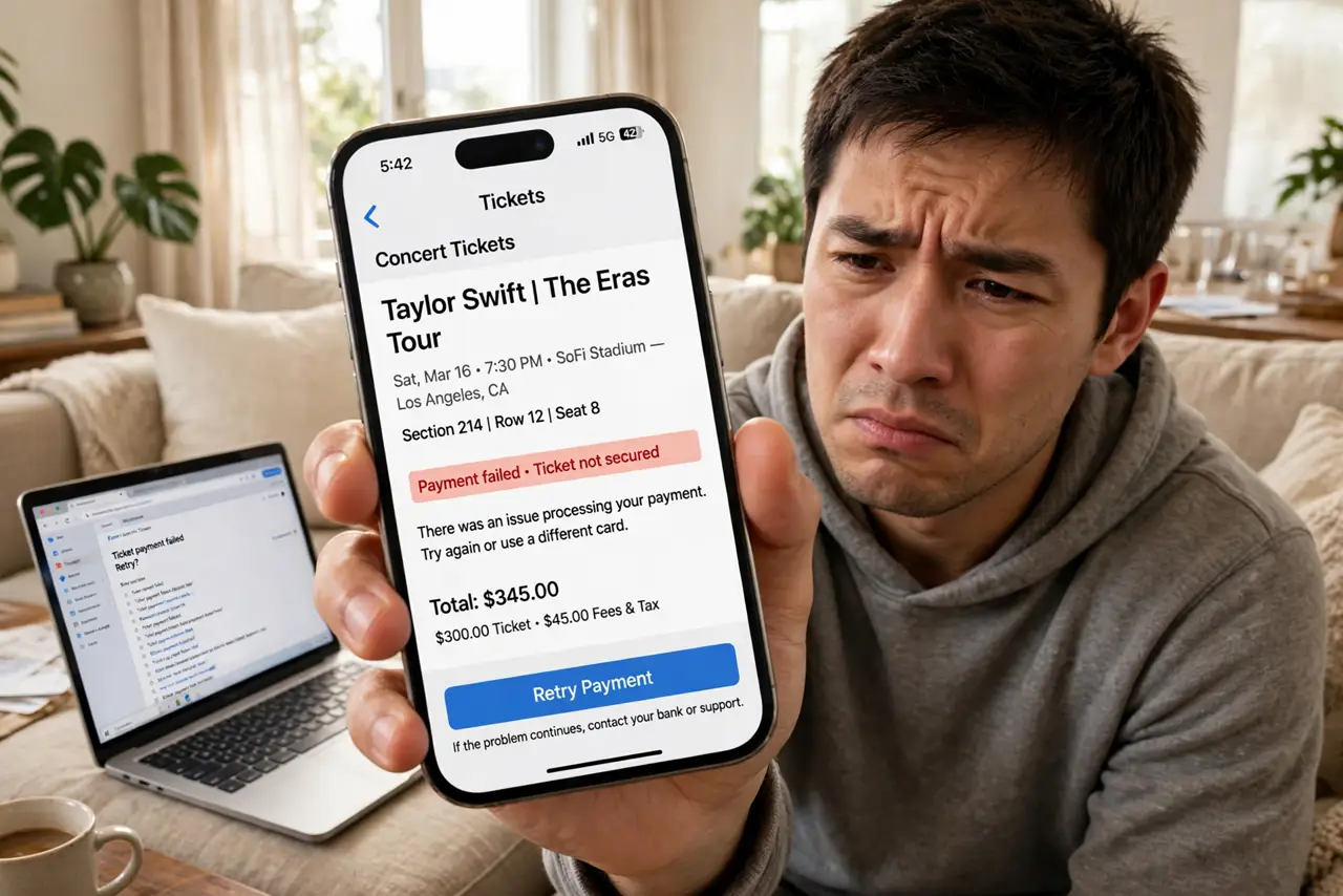 A person holding a smartphone showing a concert ticket listing, looking skeptical, laptop open beside them on a couch, living room evening light. No.
