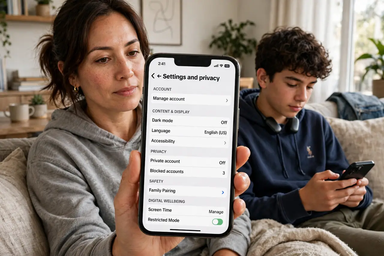 a parent holding a real smartphone showing the TikTok settings screen with legible menu text, a teen nearby with their own phone, the parent’s face calm and ...