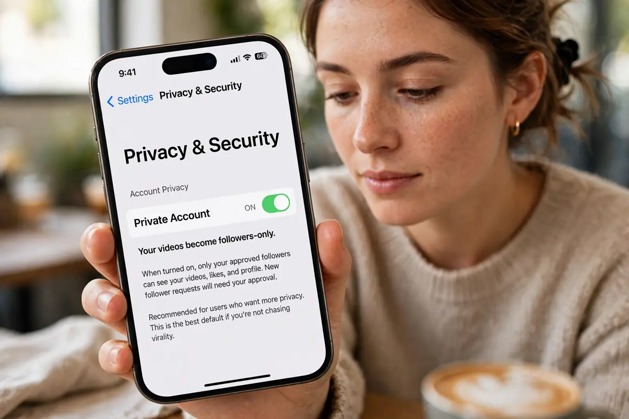 A person performing the first step of the guide: Switch to a private account. Settings > Privacy > Private account. Your videos become followers-only — the.