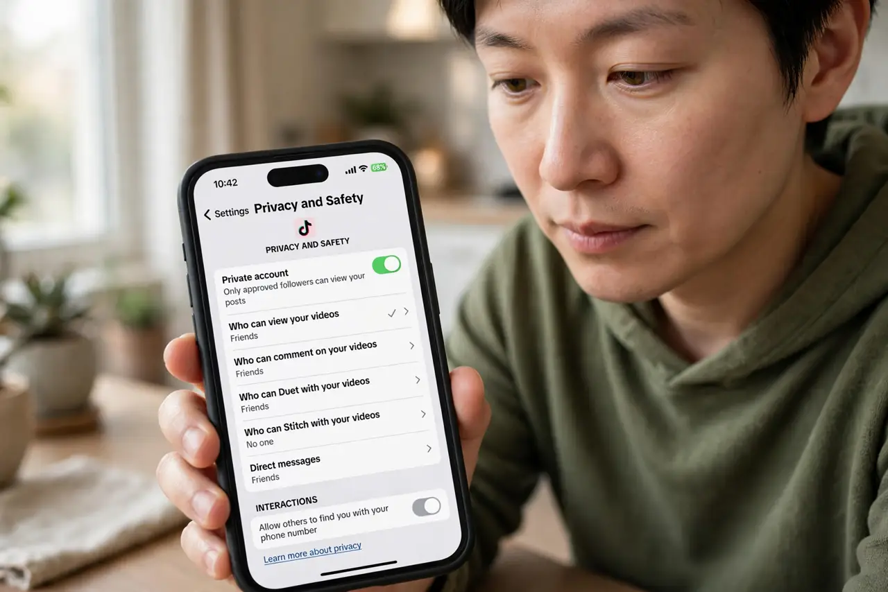 A person reviewing real TikTok privacy settings on a real phone with legible options, the person's face focused, indoors. No black screen, no blank.