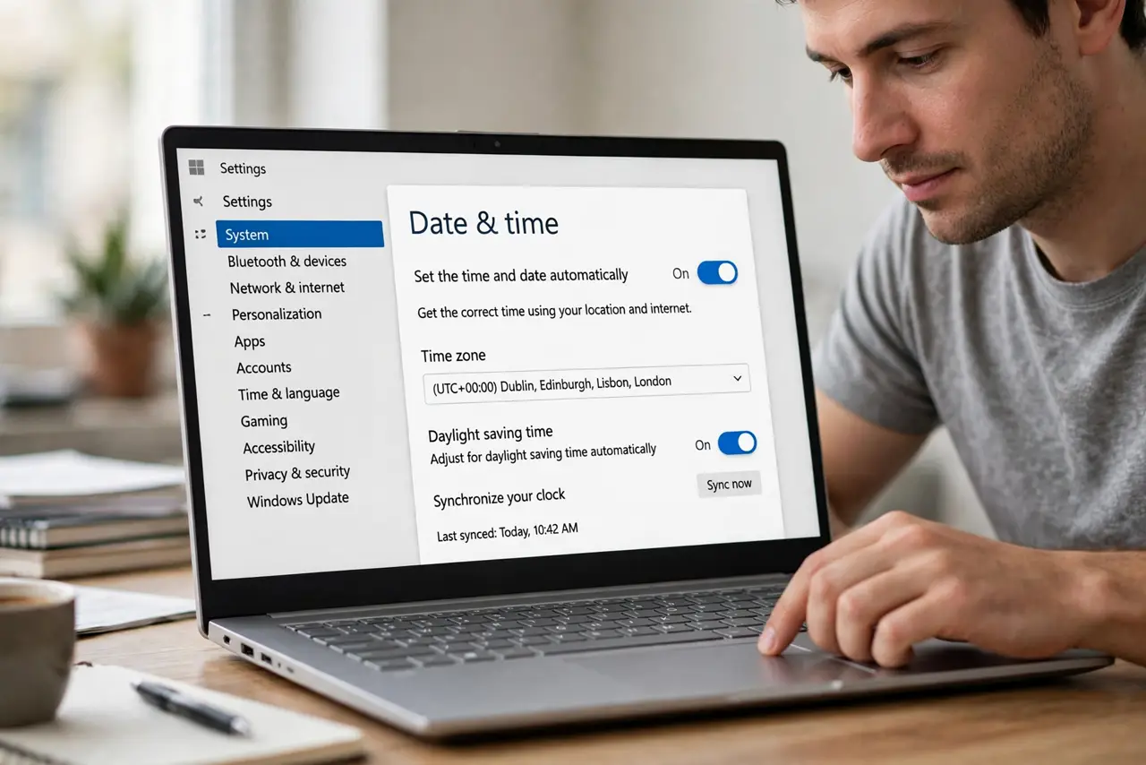 A calm adult toggling Set time automatically to On in the Date and time settings.