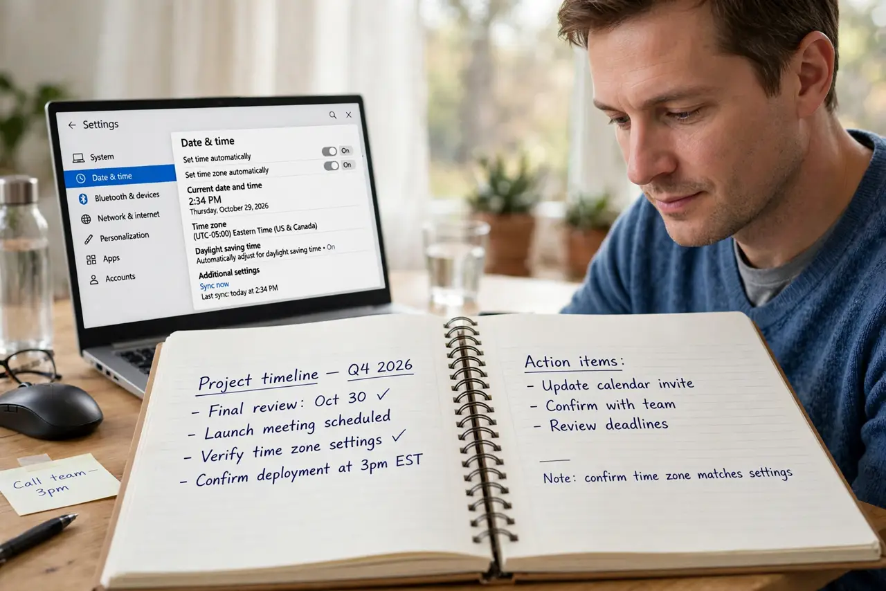 A calm adult at a desk looking at a Windows laptop with the Date and time settings page open.