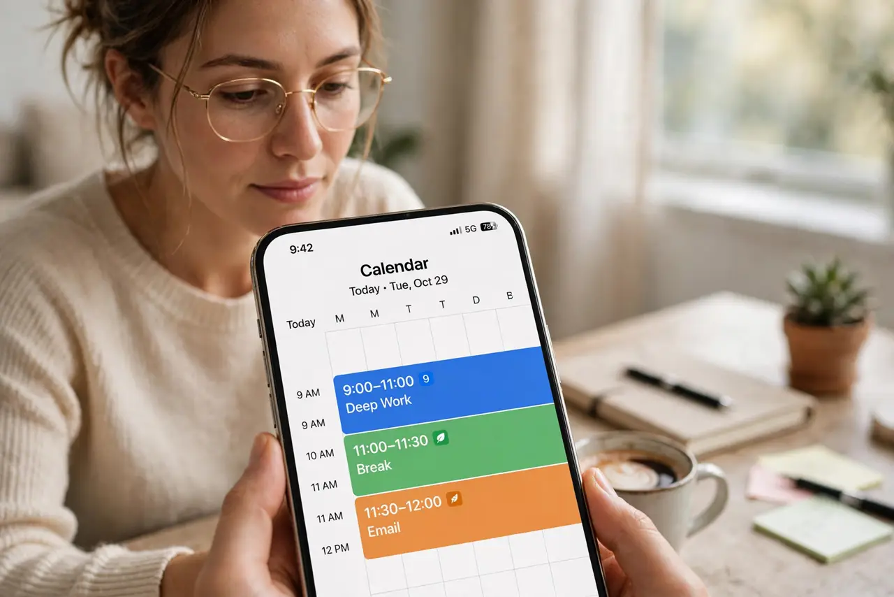 a person looking at a real phone calendar with the day divided into colored time blocks for deep work, email, and breaks, the person's face calm and in contr...