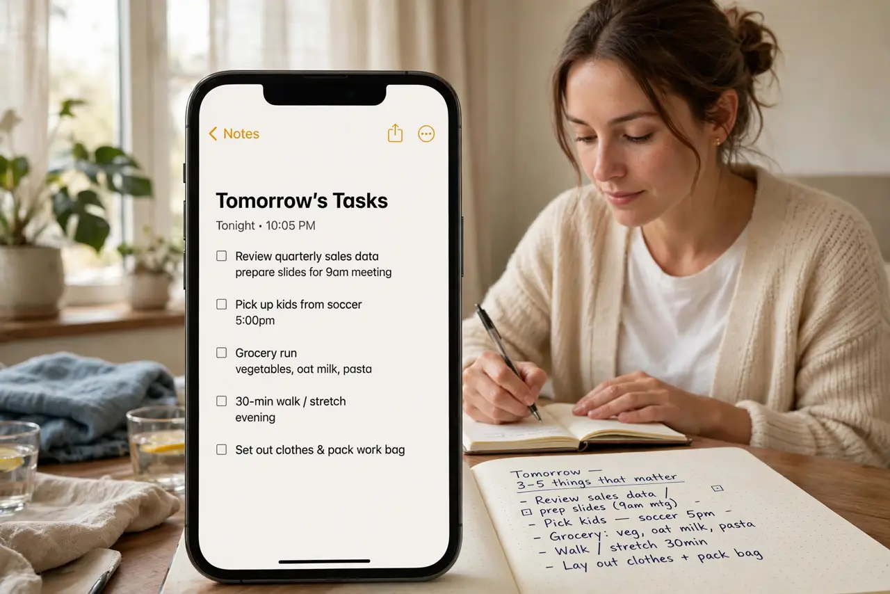 A person performing the first step of the guide: List tomorrow's tasks tonight. Before bed, write the 3-5 things that matter tomorrow. Planning the night.