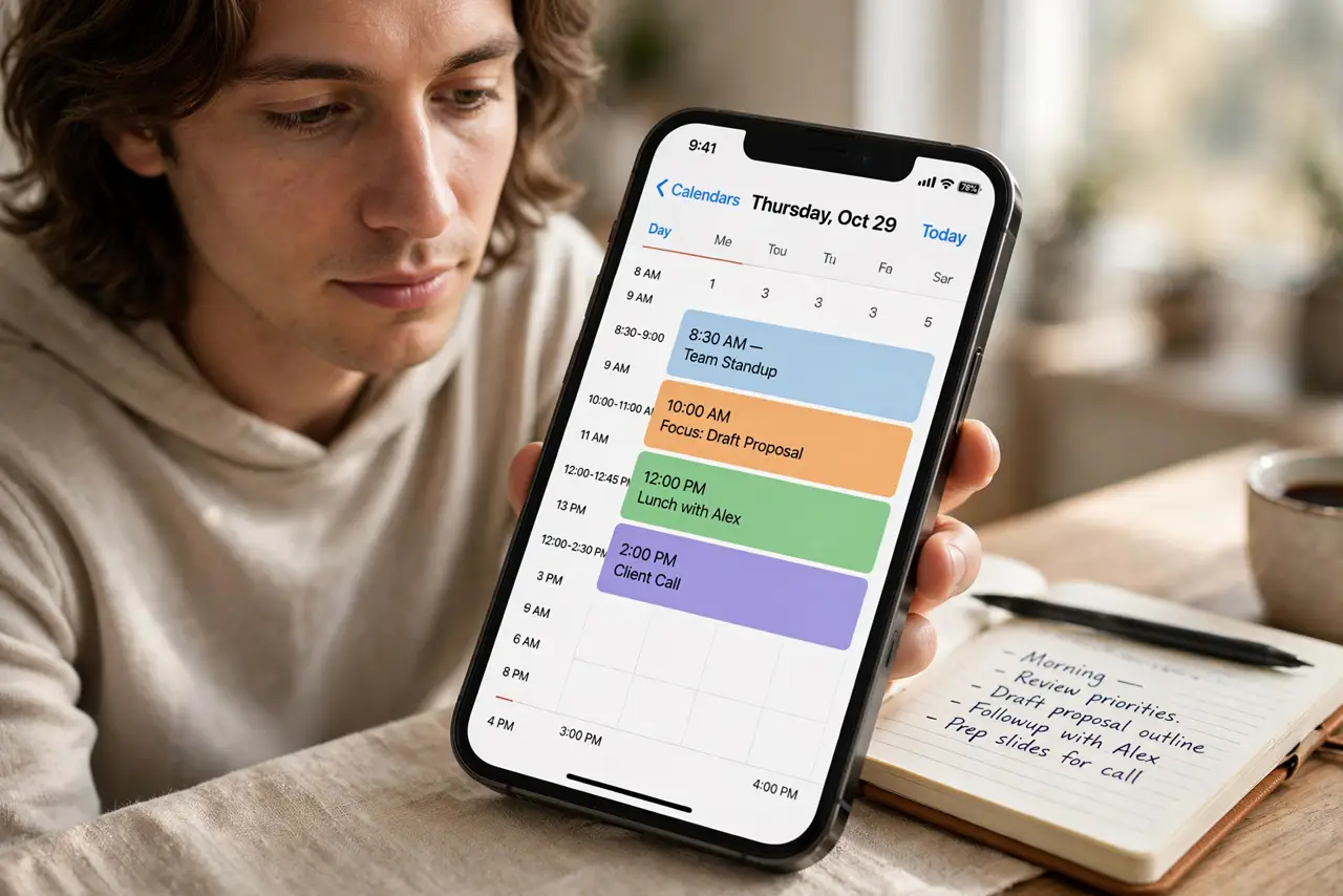 A person looking at a real phone calendar app showing color-coded time blocks with legible event titles for the day, a notebook beside it, the.
