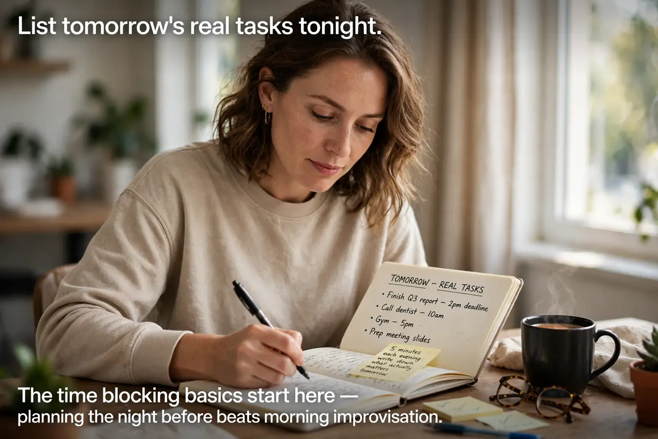 A person performing the first step of the guide: List tomorrows real tasks tonight.