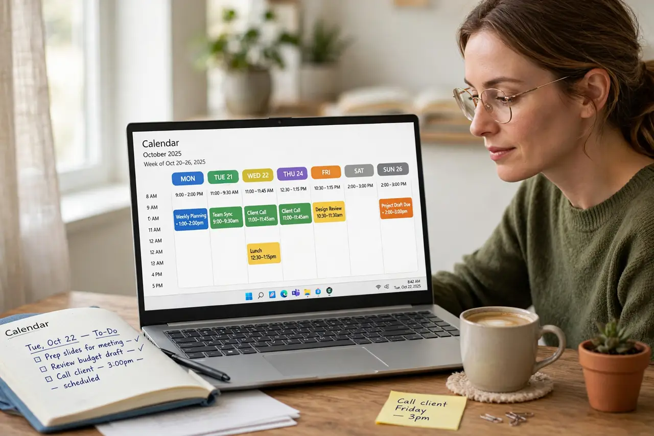 a person at a real desk looking at a laptop showing a legible color-blocked calendar week view, a notebook beside it, the person's face calm and organized, morning light.