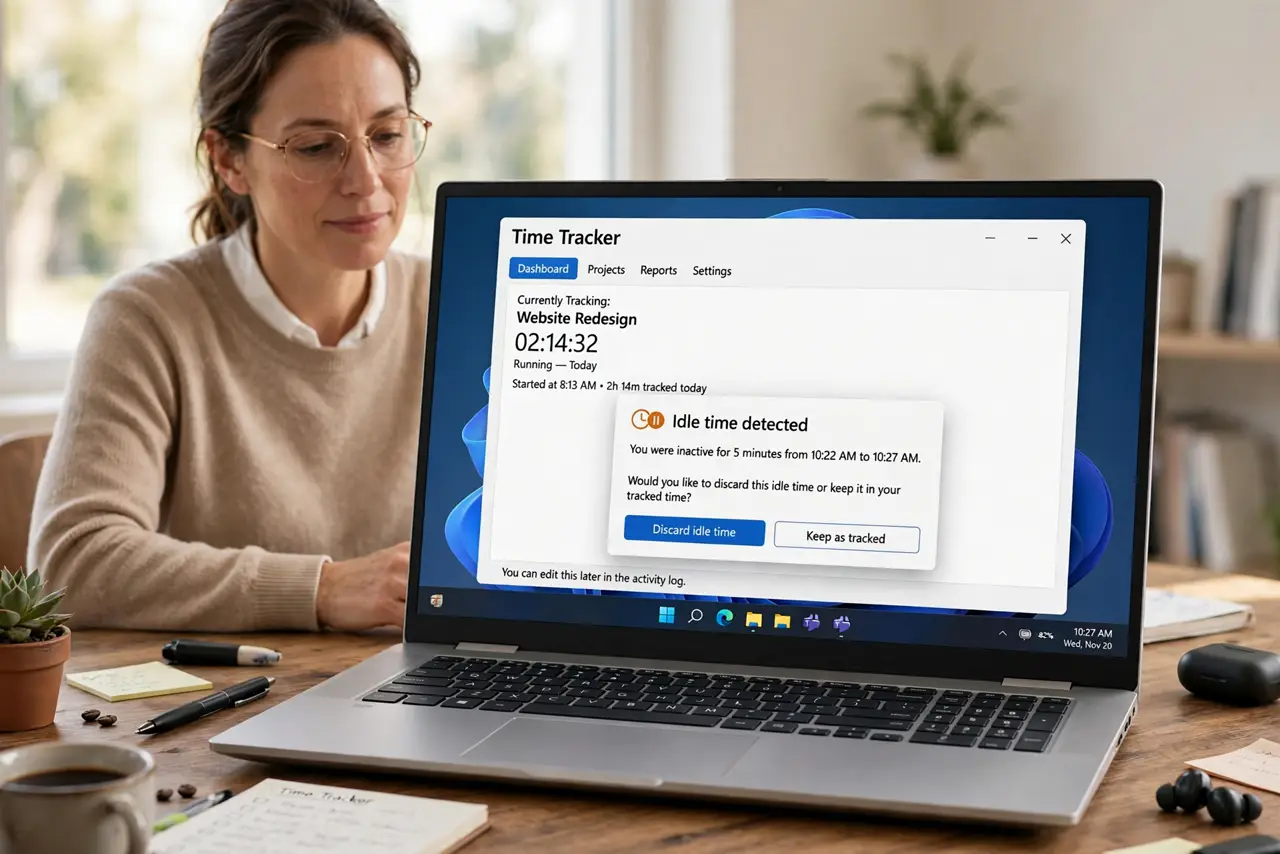a calm adult at a desk with a real Windows laptop showing a time tracker on the real screen with an idle-time prompt visible. No black screen, no blank white sc