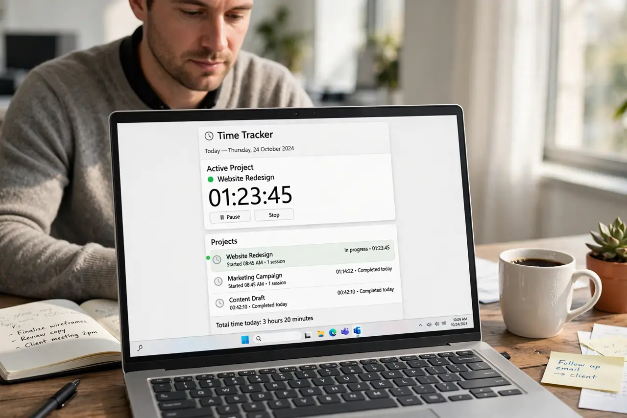 a calm adult at a desk with a real Windows laptop showing a time tracker on the real screen with a project list and timer visible. No black screen, no blank whi