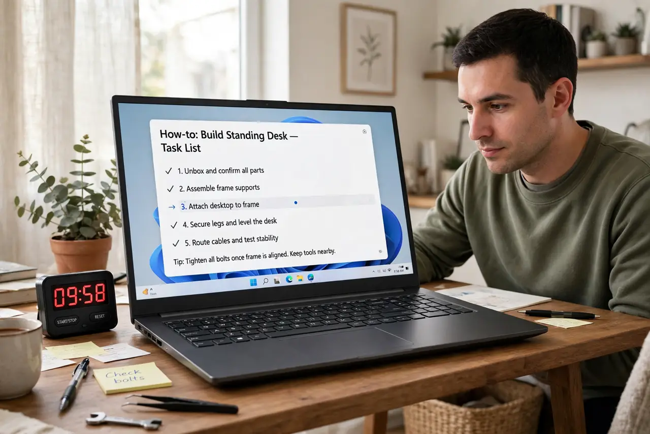 a person working at a real desk with a visible timer counting down next to a laptop showing a task list, the person's face focused, bright home office.