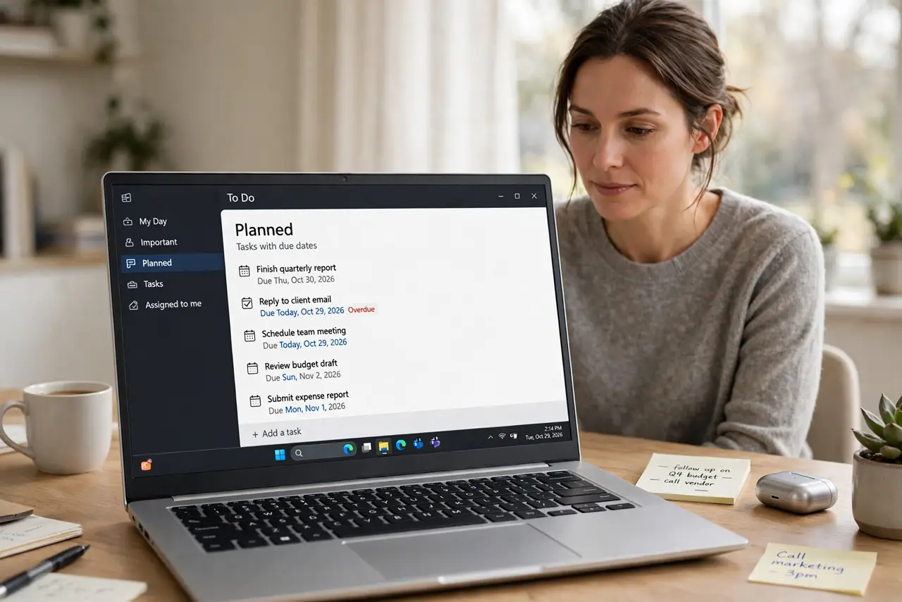 Photorealistic photo: A calm adult at a desk with a real Windows laptop, a to-do list app open on screen showing due dates, screen text legible.