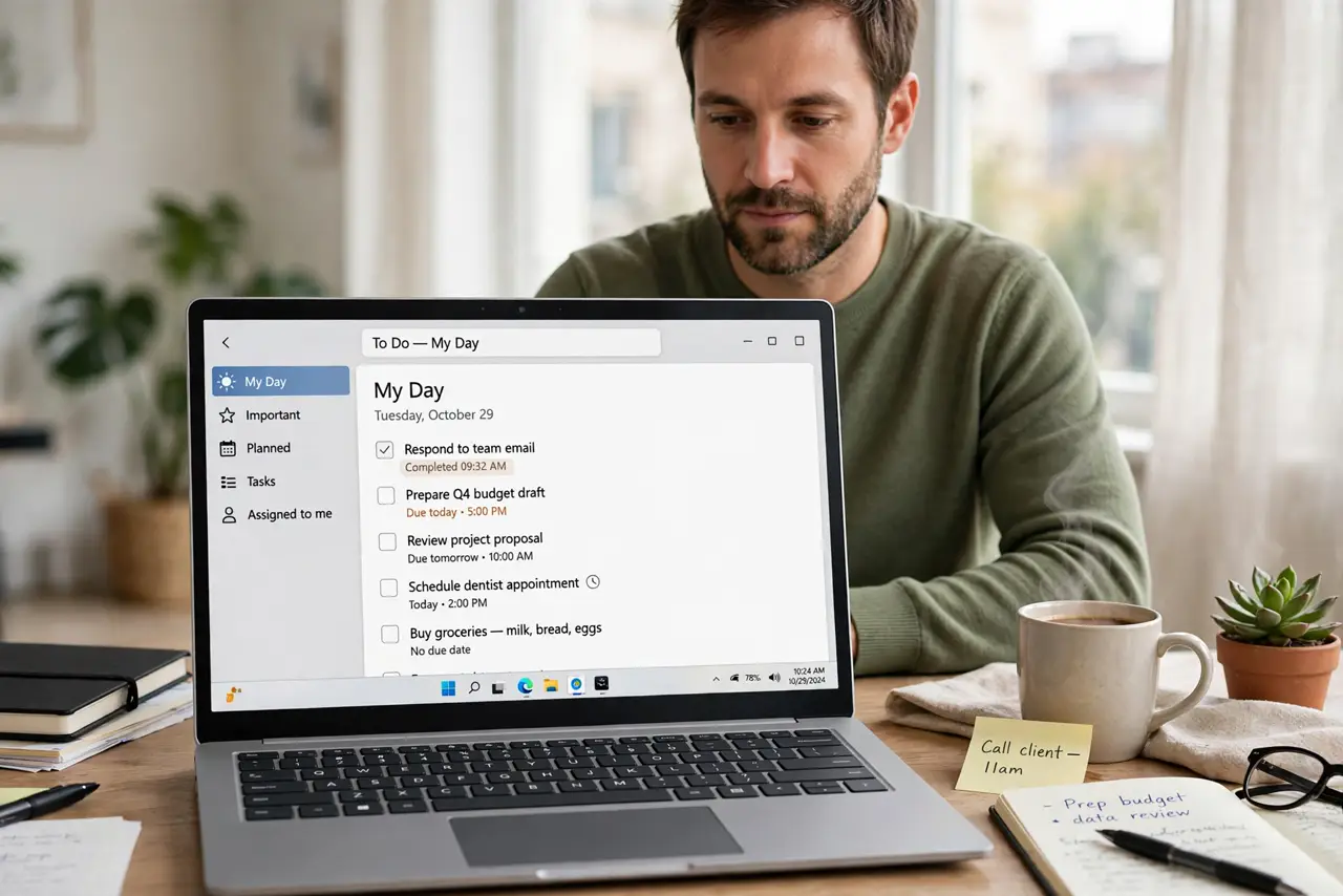 Photorealistic photo: A calm adult at a desk with a real Windows laptop, a to-do list app open on screen showing a tidy task list, screen text legible.