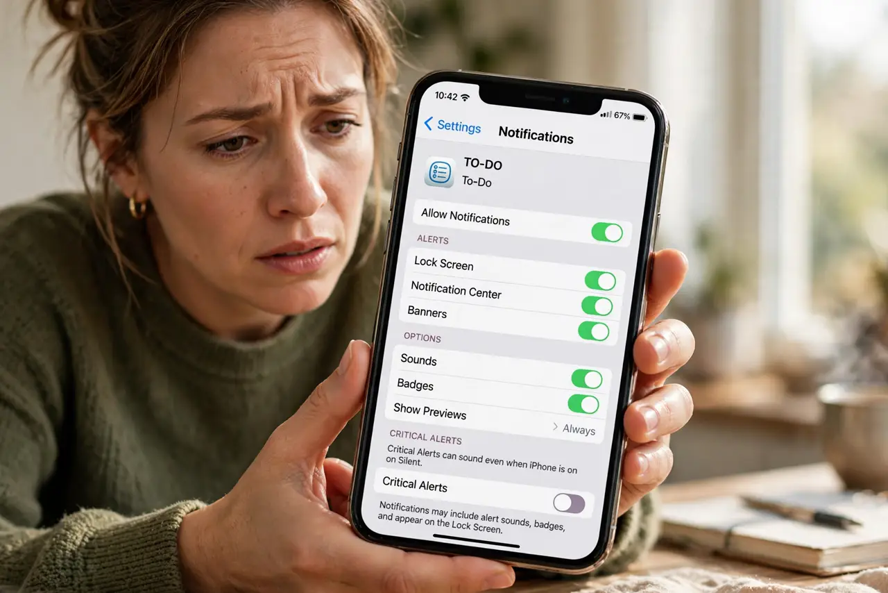 To-Do Alerts Silenced by the System — a concerned adult checking notification settings for a to-do app on a real phone, the settings screen with ful
