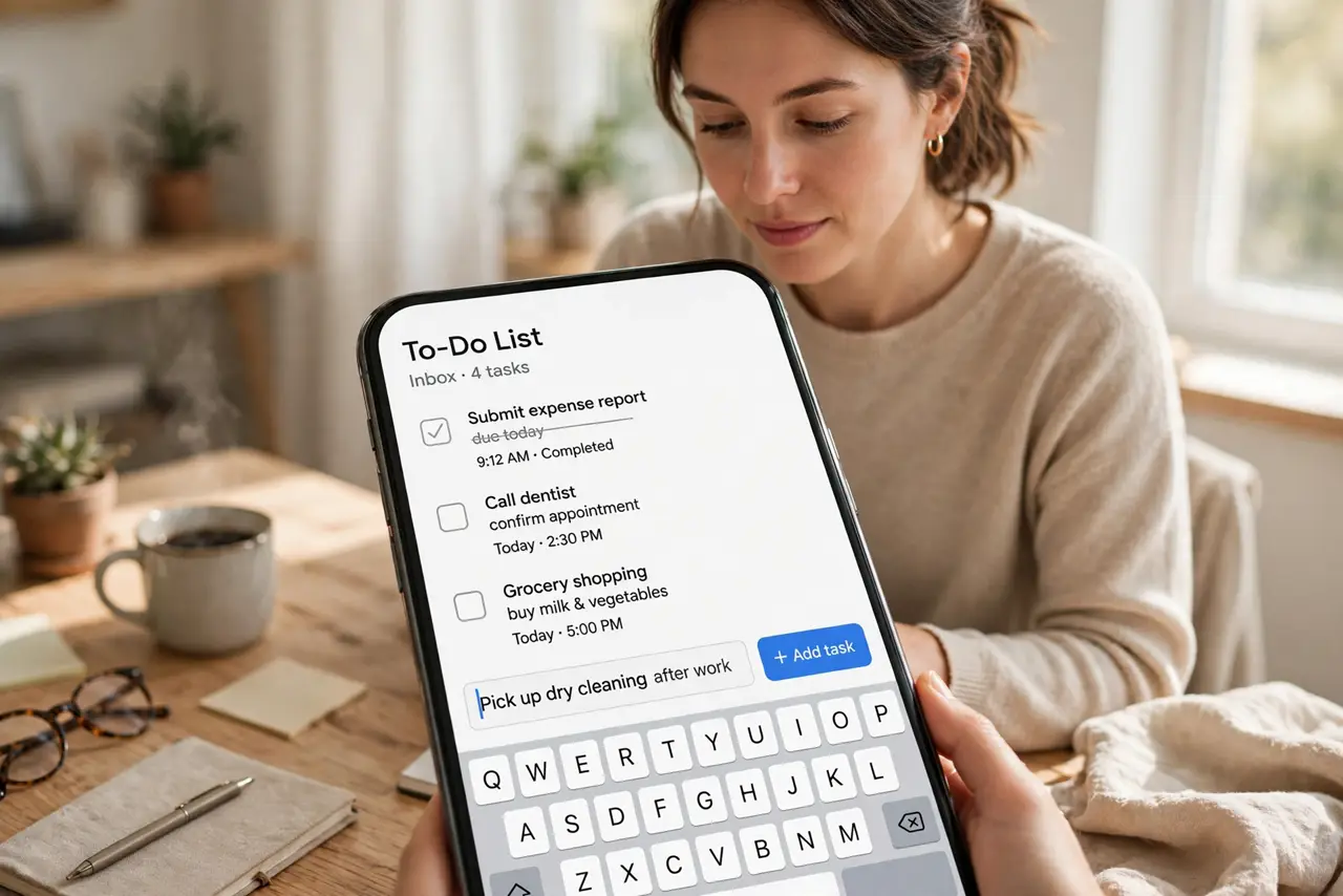 Photoreal photo of a person performing the first step: Capture everything immediately. The moment a task pops into your head, add it — unfiled, undated, just captured. An inbox full of raw tasks beats a pe...