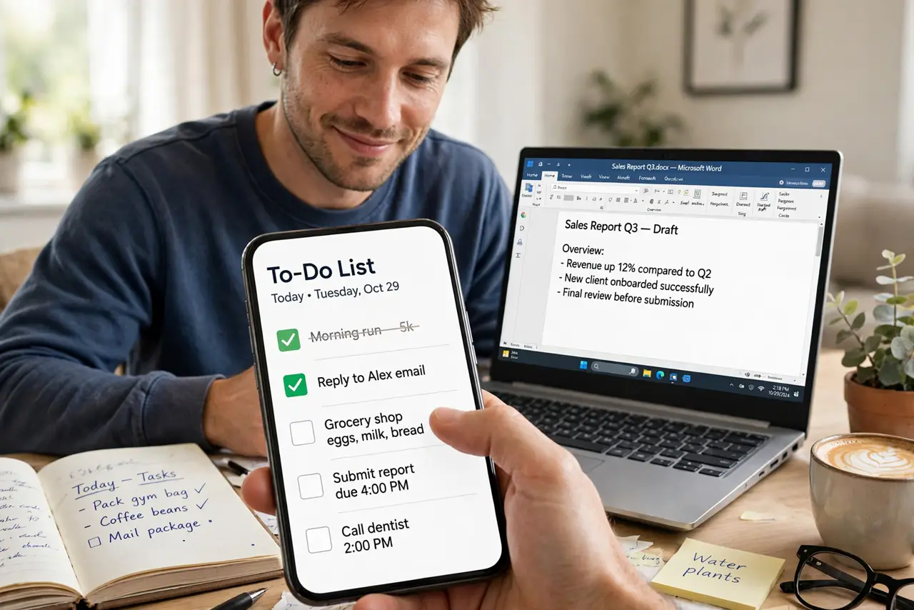 Photoreal photo: a person checking off a task on a real phone showing a to-do list app with legible tasks and checkboxes, a notebook beside it, the person's face satisfied, home desk. No black screen, no blank white scre