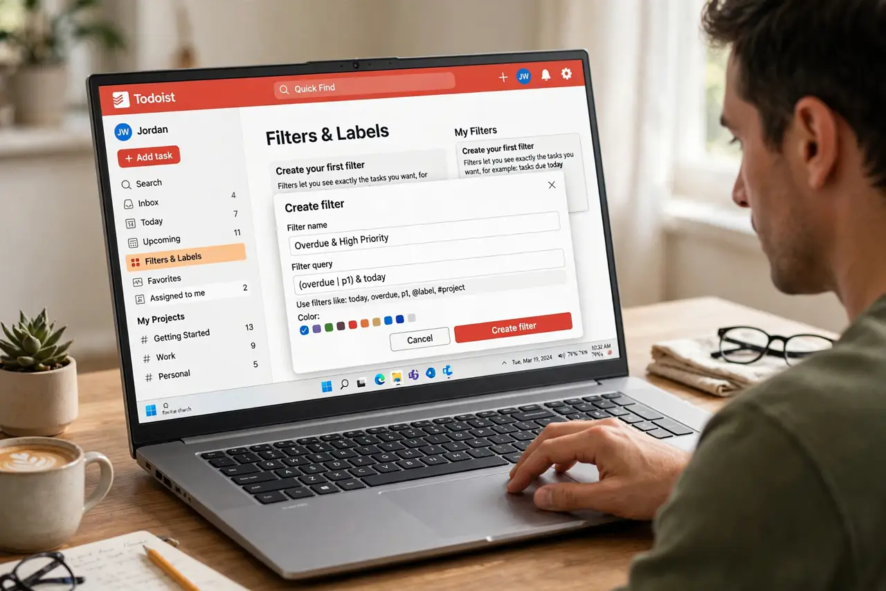 Photoreal photo of a person performing the first step: Open Filters and create your first one. In Todoist, go to Filters and add a new filter. Give it